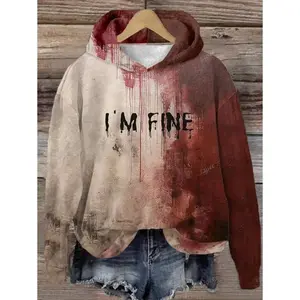 Women Fashion Personalized Bloody Letter & Number Print Casual Hoodie Sweatshirt