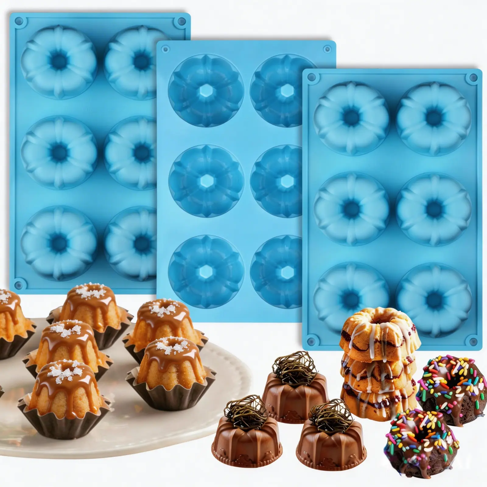 Food-Grade 3-Pack 6-Cavity Fluted Silicone Baking Molds - Single Serve Easy-Release Heat-Resistant Hanging Bakeware, Mini Pans for Cake, Chocolate & Home Baking Projects