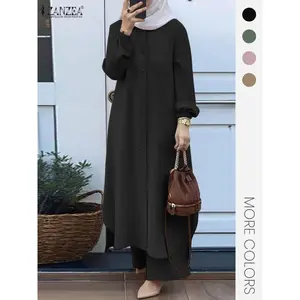 Two-Piece Set Women's Modest Solid Color Asymmetrical Hem Button Front Longline Shirt & Wide Leg Pants, Casual Pocket Bishop Sleeve Collared Top & Elastic Waist Trousers for Fall & Winter, Women's Clothes for Daily WearGift