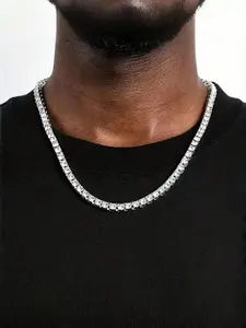 Men's Hip Hop Fashion Full Diamond Necklace, Square Synthetic Diamond Zircon Chain, Luxurious Unisex Jewelry, Statement Necklace, Perfect Father's Day Gift, Hip Hop Style Necklace