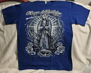 VIRGEN DE GUADALUPE VIRGIN MARY FLOWER ROSE PRAY BLUE T-SHIRT SHIRT