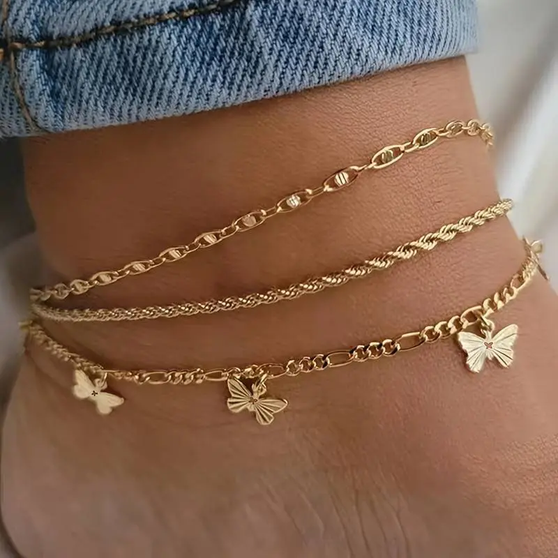 Gold Anklets for Women Ankle Bracelets for Women Waterproof Beach Layered Anklet Bracelets for Women Cuban Link Anklets Set Dainty Cute Heart Butterfly Anklets Non Tarnish Jewelry Gift