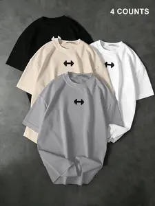 Summer Men's Printed Round Neck Short Sleeve T-Shirt, Simple Dumbbell Logo, Loose Fit Casual Top, Four Colors for All, Sporty