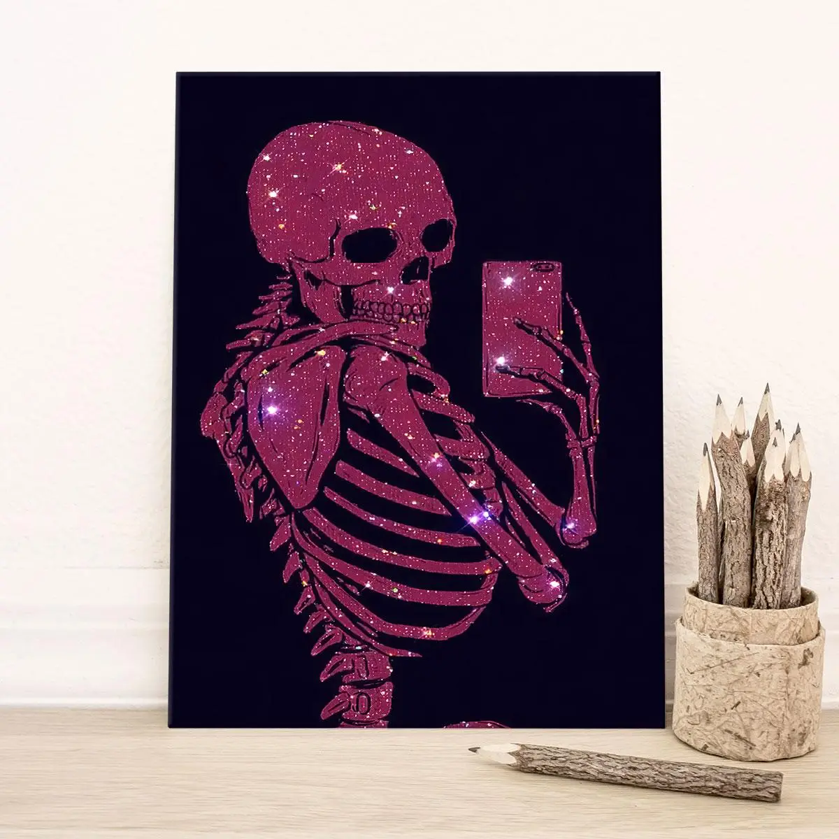 Glitter Skeleton Pattern Wall Art, Canvas Hanging Painting with Frame, Wall Decor, Dopamine Decor, Creative Design Print, Creative Modern Decoration for Home Living Room Bedroom Office Study Room, Halloween