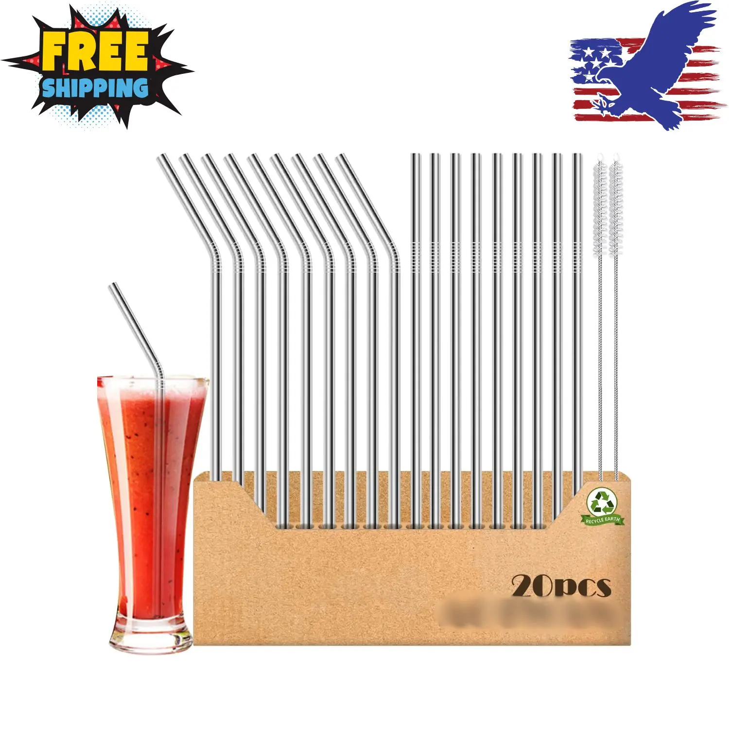 20-Pack Reusable Stainless Steel Metal Straws, 9 Straight + 9 Bent 8.5'' Metal Straws