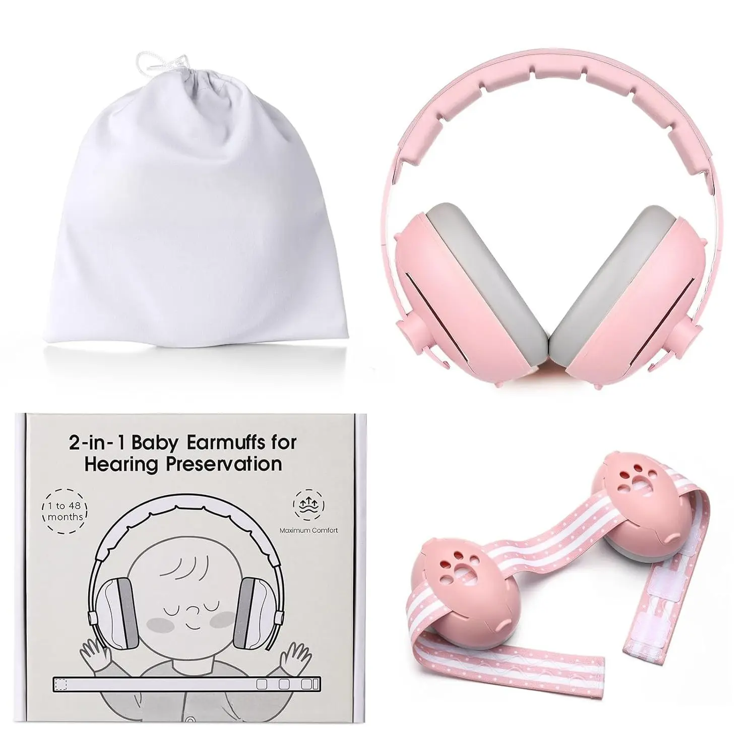 SQ-HPS019 2-in-1  Ear Muffs Noise Protection, Adjustable Headphones with Stretchy Band, Noise Cancelling Headphones,  Airplane Essentials/Outdoor, Pink