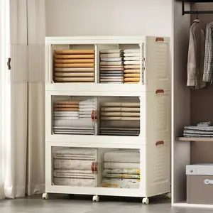 Stackable Storage Bins Folding Collapsible Storage Bins with Lid 145Gal/579Qt, Closet Organizers and Storage Box with Door Cream 33.5" W X 19" D X 53" H SAILUN