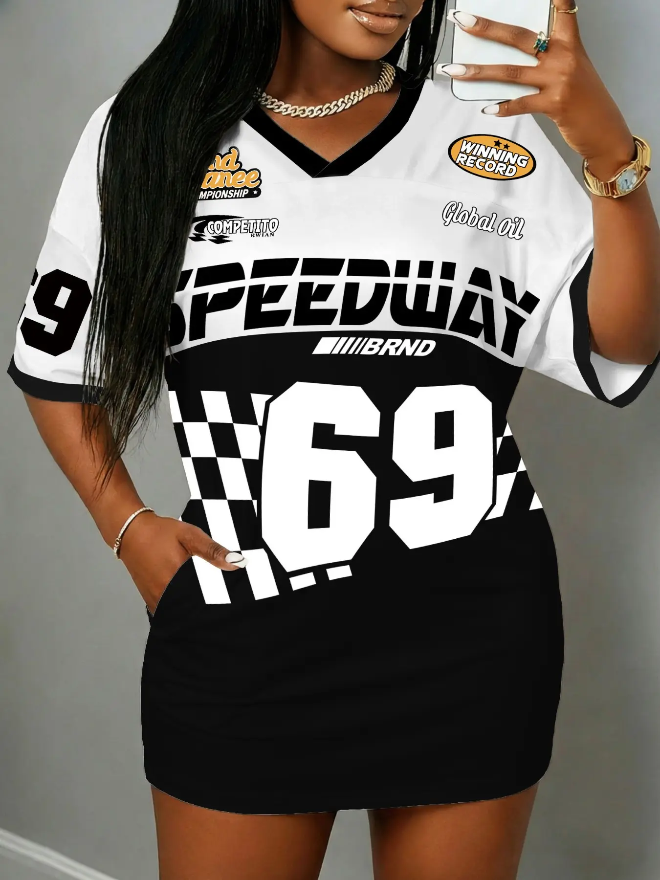 Y2K Letter Number 69 Race Car Print Summer Dress, V Neck Patchwork Drop Shoulder Pocket Loose Fit, Casual Street Fashion Campus Style Dress