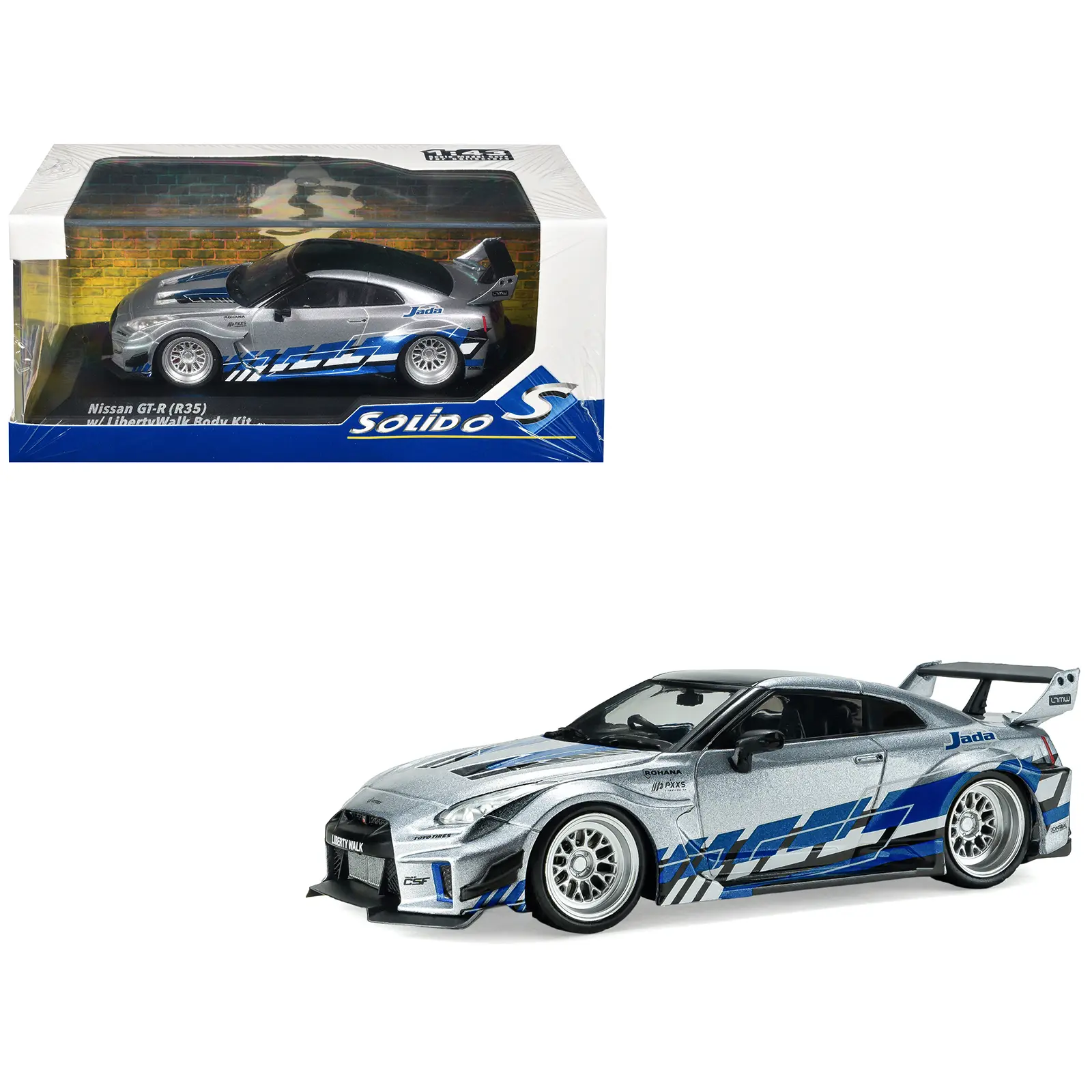 2020 Nissan GT-R (R35) Liberty Walk Silhouette Silver Metallic with Black Top and Blue Graphics 1/43 Diecast Model Car by Solido
