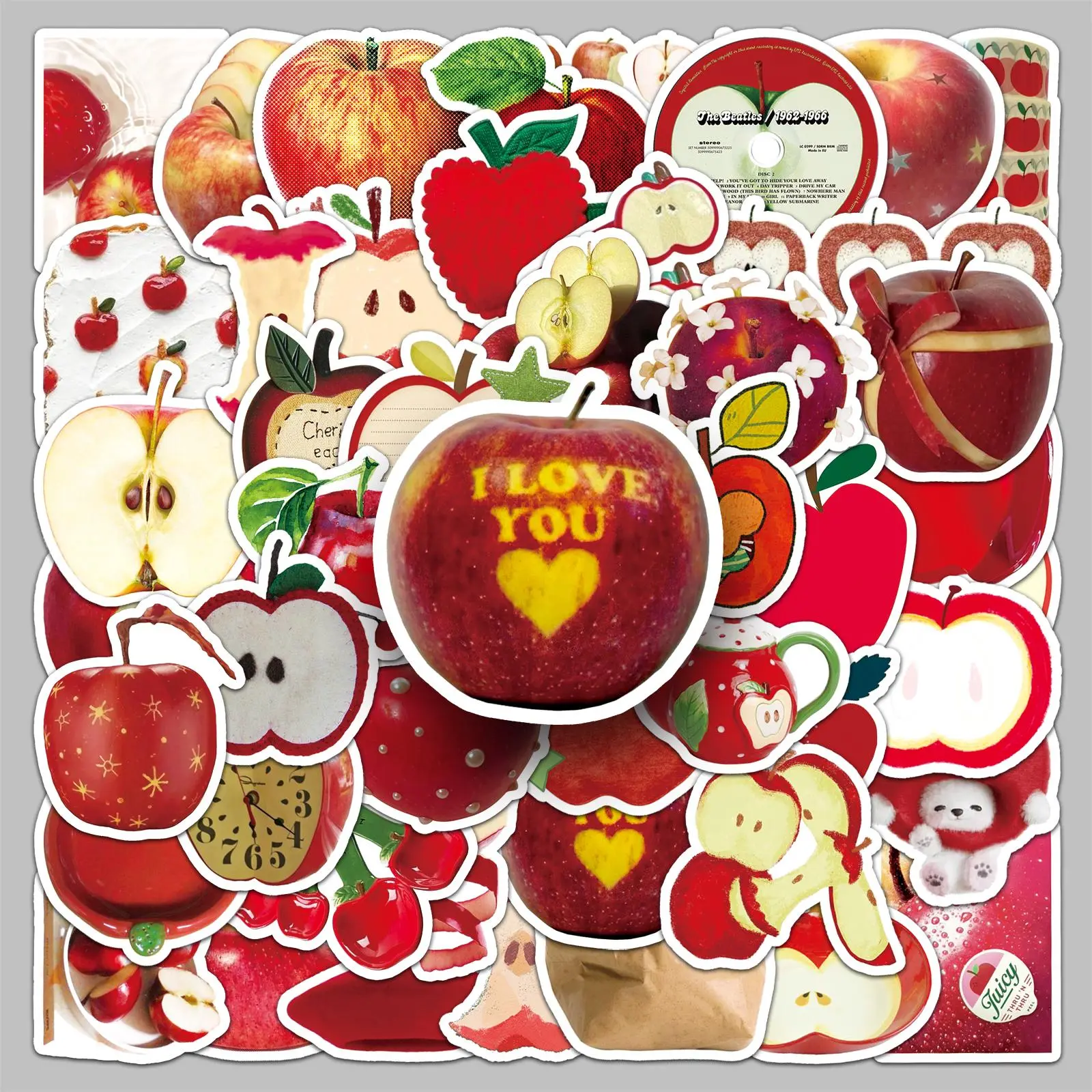 Apple Pattern Sticker, 50pcs/set Cute Cartoon Fruit Pattern Sticker, DIY Decorative Sticker for Scrapbooking, Journaling, Gift Wrapping, Sticker Packs, Cute Stickers, Fun Stickers, Sticker Collage Pack