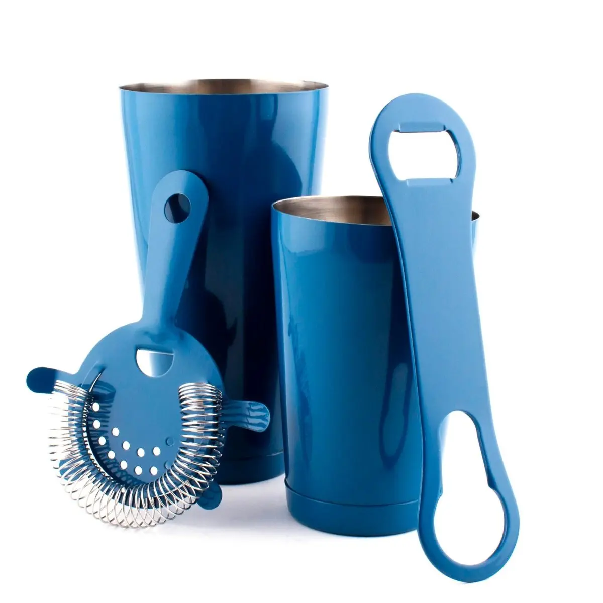 Stainless Steel 4-Piece Complete Bar Set Kit with V-Rod® - Azure Blue, 18 oz Reflective Shakers, Cocktail Utensils, Bottle Opener, Ideal Gift for Bartending Enthusiasts