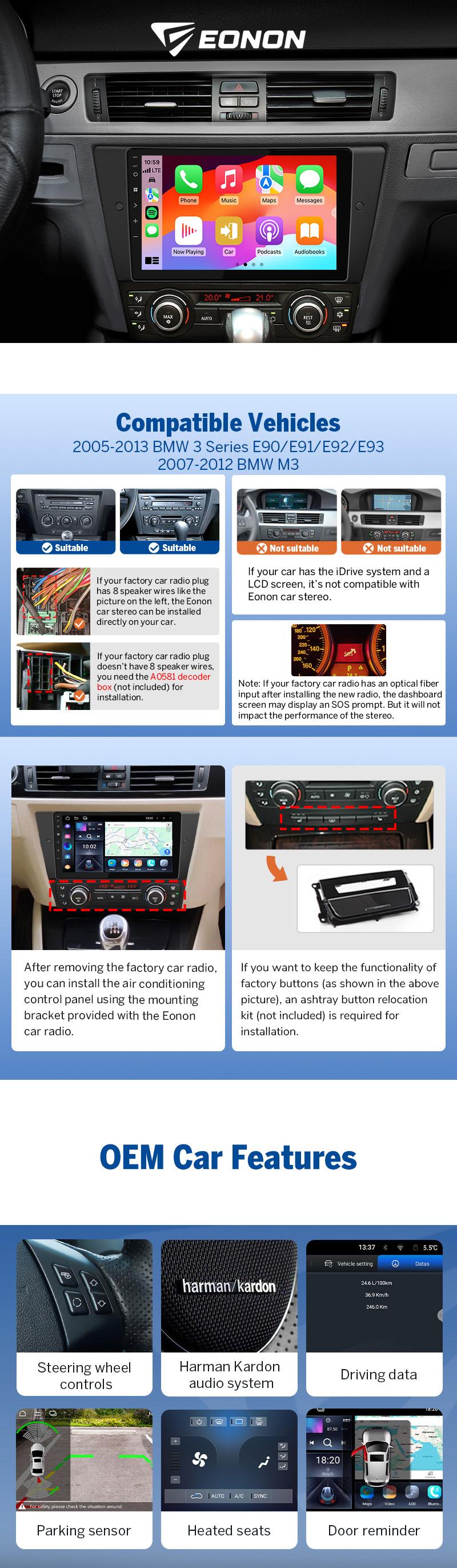 EONON Car Stereo for BMW 3 Series 325i, 328i, 330i, 335i (E90, E91, E92, E93) 2005-2013, BMW M3 2007-2012, Wireless CarPlay & Android Auto Car Radio, 9" Android 14 Touchscreen Head Unit, Bluetooth, GPS, Wi-Fi, Sub, SWC - E90X7A