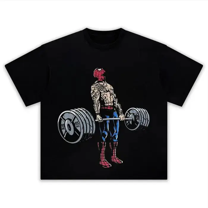 Retro Gym‑Inspired Crew Neck T‑Shirt,  Cartoon Hero Character Printed Top, Trendy Fitness Fan Streetwear Shirt