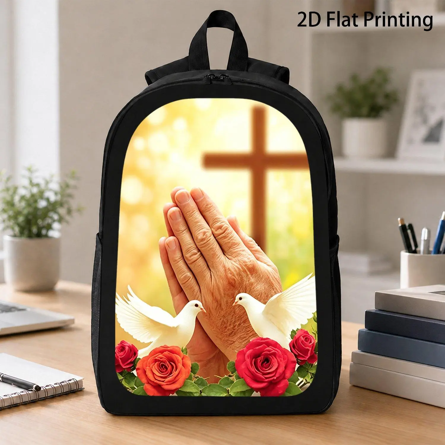 1pc Cross and Doves, Lightweight, Large-capacity Unisex Backpack with Shoulder Straps, Side Pockets, Suitable for Casual Wear, Commuting, and Multiple Uses. Ideal for Hiking