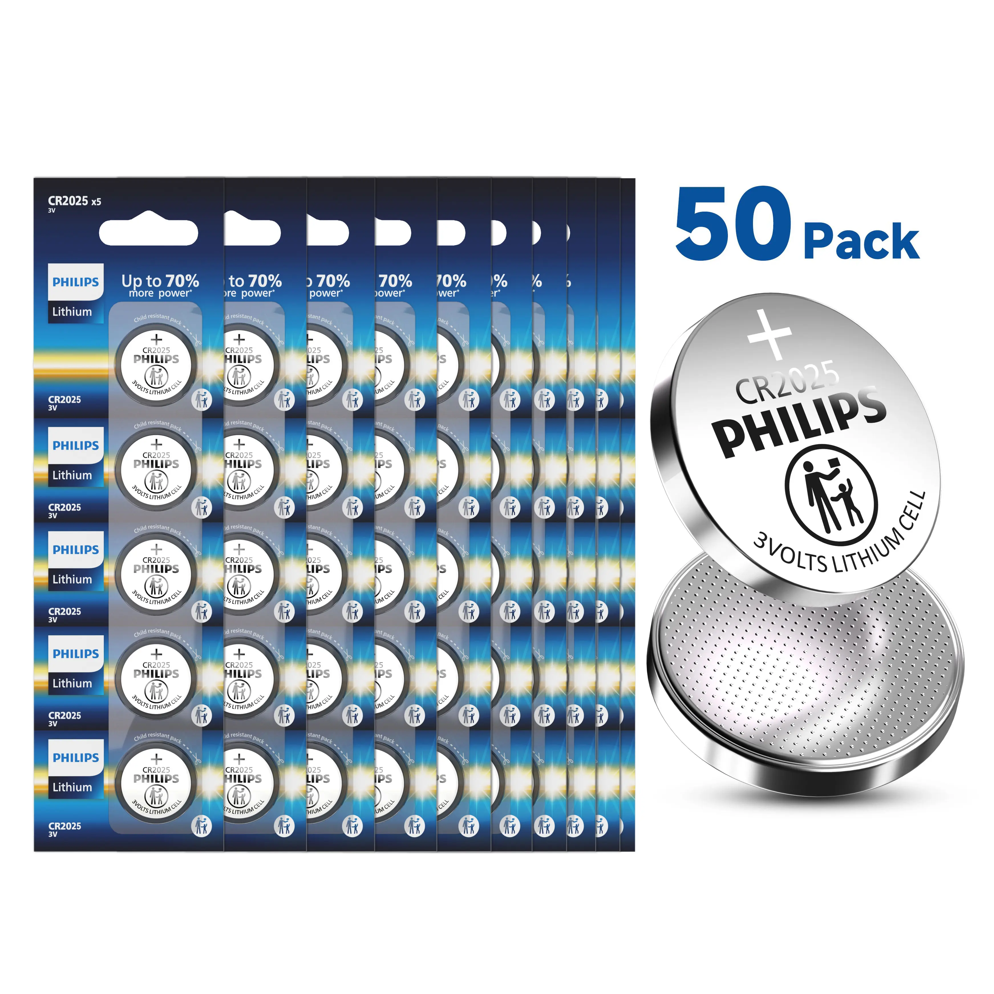 Philips CR2025 3V Lithium Coin Cell Batteries (50-Pack) - 70% More Power, Ultra-Thin, Leak-Proof, 10-Year Shelf Life, Child-Safe Packaging, Compatible with Key Fobs, NFC Tags, Tracking Devices, Fitness Trackers, Digital Remotes