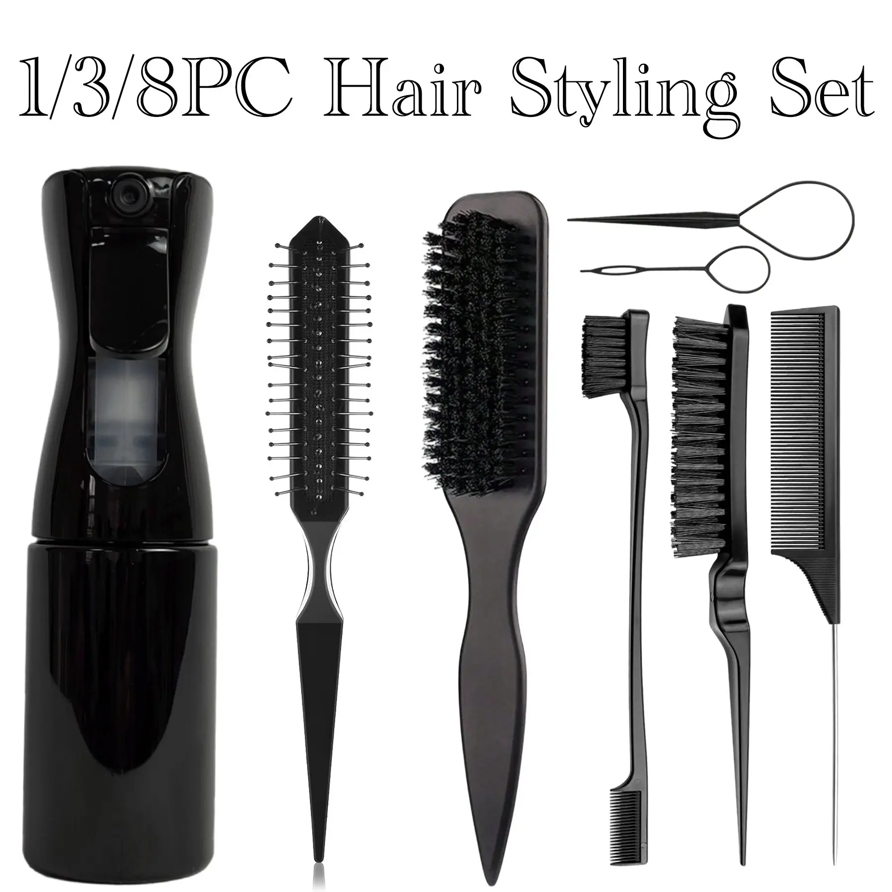1/3/8PCS Professional Hair Styling Kit with Spray Bottle, 3 Row Wig Brush, Edge Brush, Rat Tail Comb and Hair Loop Tool, Slick Back Hair Tools for Baby Hair, Hairline Styling, Ponytail, Braiding and Salon Use Versatile Use, Hair Styling Set, Hair Brushes