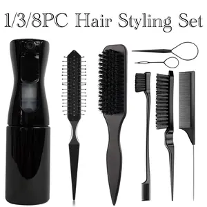1/3/8PCS Professional Hair Styling Kit with Spray Bottle, 3 Row Wig Brush, Edge Brush, Rat Tail Comb and Hair Loop Tool, Slick Back Hair Tools for Baby Hair, Hairline Styling, Ponytail, Braiding and Salon Use Versatile Use, Hair Styling Set, Hair Brushes