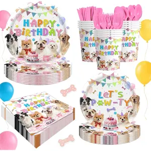 140Pcs Pet Dog Birthday Party Supplies Retro Puppy Themed Paper Plates Napkins Vintage Puppy Face Party Tableware Disposable Pet Dinnerware Decoration Set for Kids Birthday Baby Shower Table Decor