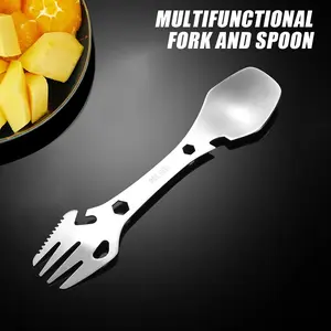 Stainless Steel Camping Spork Fork Multi-Purpose Utensil Bottle and Can Opener Design for Picnic and Travel