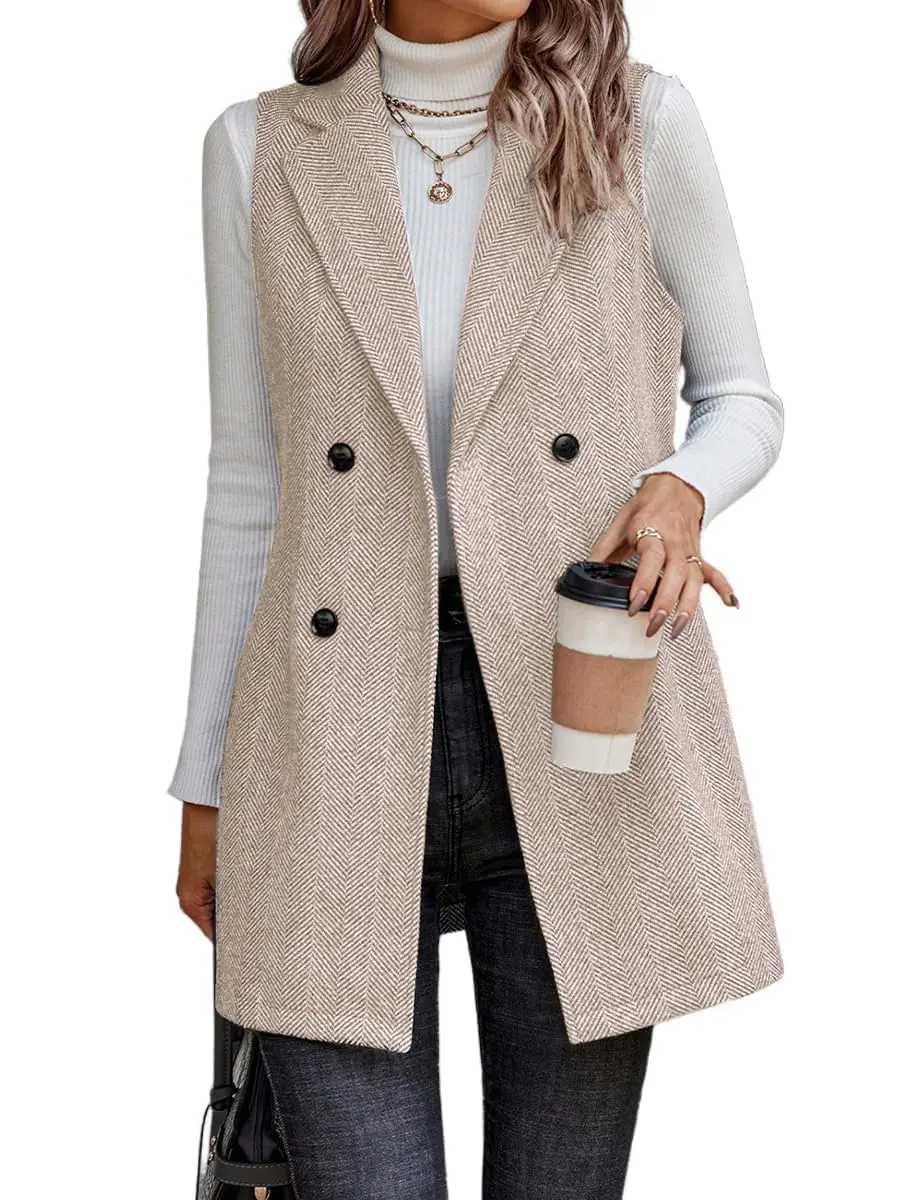 Long Vest for Women Sleeveless Tweed Blazer Fall Jackets Cardigan Outerwear