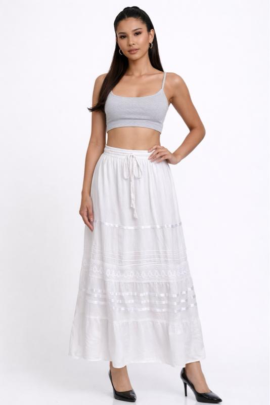 Women's White Boho Maxi Skirt with Drawstring Waist and Tiered Lace Detail for Stylish Comfort Bottom Womenswear one sizes fits all