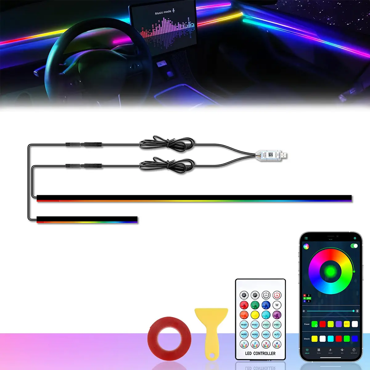 RGB Acrylic Car Interior LED Light Strip, Wireless App Control, Music Sync Dynamic Neon Ambient Lighting Kit, 110cm + 35cm For Vehicle Interior Decoration