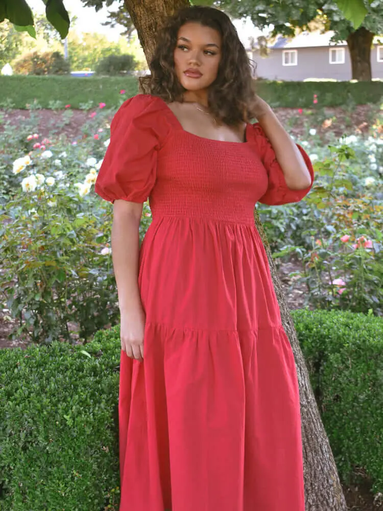 Heath Puff Sleeve Plus Midi Dress - Tomato