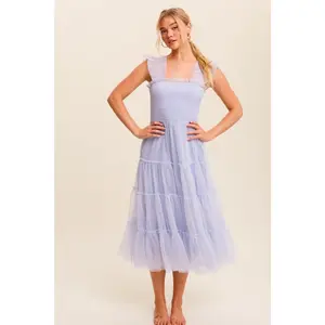 Fiori Short Blue Tulle Tiered Midi Dress