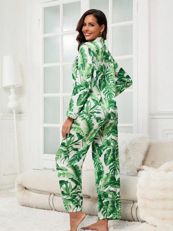 Tropical Green Leaf Silk Satin Pajama Set – Women’s 2 Piece Long Sleeve Button Down Sleepwear