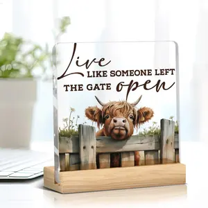 Highland Cow Decor Sign With Stand Highland Cow Gifts for Women Farm Cottagecore Animal Office Kitchen Bathroom Bedroom Home Decor Rustic Farmhouse Design Decorative Acrylic Plaques