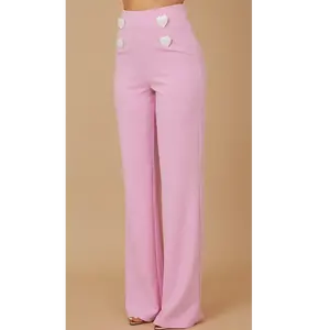 High-waisted fashion pants with heart button detail — zipper at the back