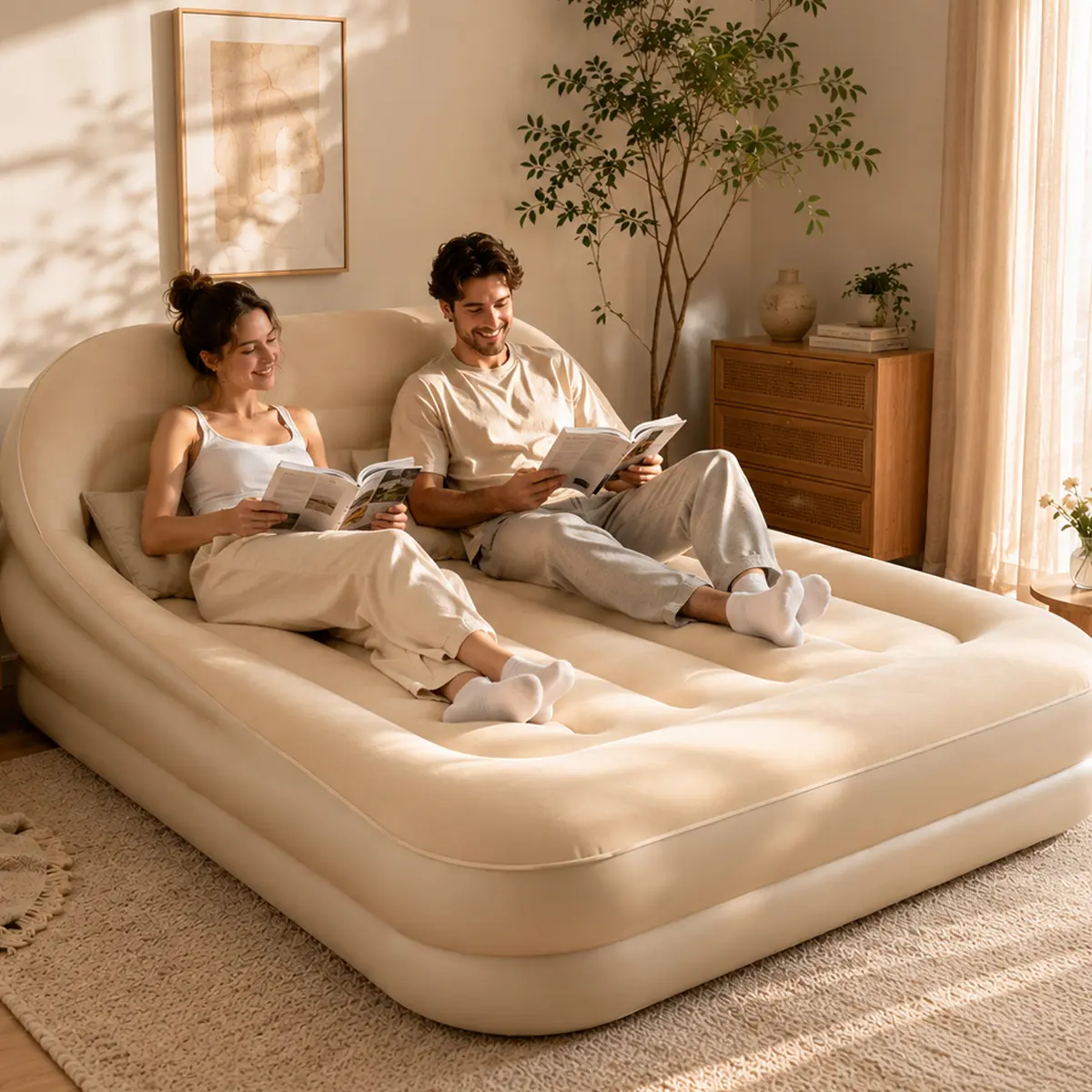 3-in-1 Ergonomic Air Lounge Sofa Bed with Backrest, 249.93 KG Weight Capacity Portable Inflatable Mattress for Camping, Beach, Home & Travel - Inflatable Furniture with Air Pump, Great Father's Day Gift