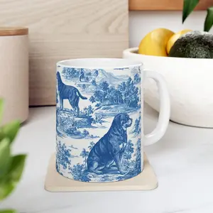 Rottweiler Blue Toile Mug, Vintage French Toile Coffee Cup Gift for Rottie Lover Dog Chinoiserie Drinkware Blue Floral Toile de Jouy Tea Cup