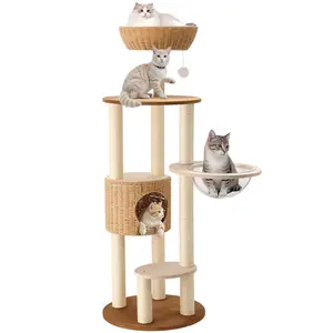 Multi - Level Cat Tree with Scratching Posts, Rattan Basket, Capsule Bed & Hideout, Modern Tall Cat Condo for Indoor Cats
