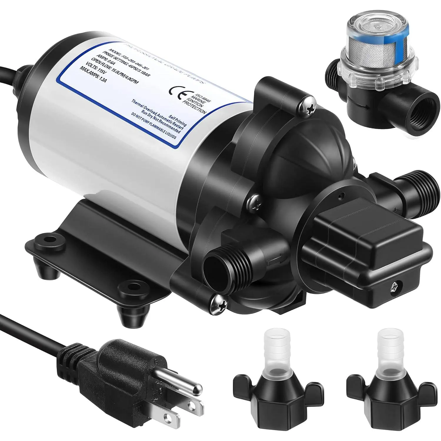 Water  Diaphragm Pump Industrial 115V 4 GPM 45 PSI, Self Priming Water Booster Pump with Power Plug, Fittings Strainer Filter for Kitchen Bathroom RV Marine Caravan,  , Hose(Black)