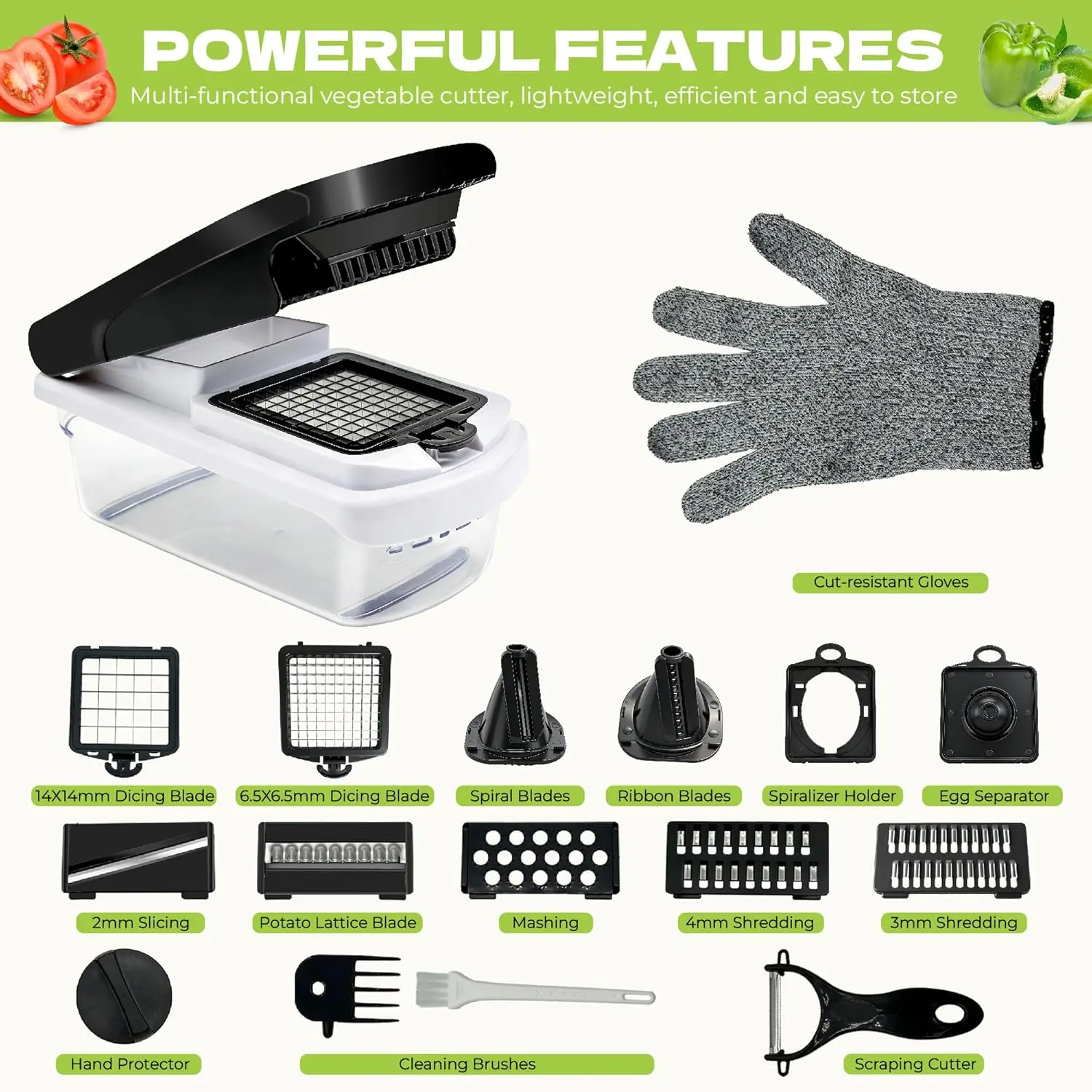 17 in 1 Vegetable Chopper, Multifunctional Food Chopper with Container, Stainless Blades, Onion Chopper, Salad Slicer, Dicer,, Gadgets with Cut-Resistant Gloves, BPA-Free