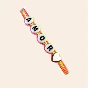 Macrame Woven Thread Bracelet with 0.8mm Nylon Thread, Letter Beads "LOVE," Silver Heart Charm, White Stainless Steel