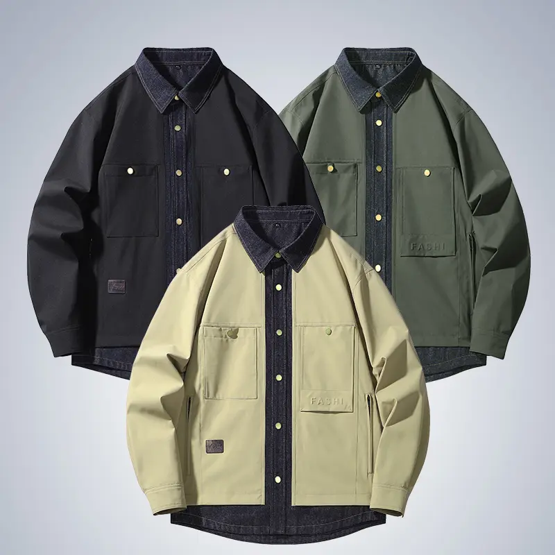 mensjacketouterwear，Men Fake Two Piece Denim Collar Cargo Shacket, Vintage Metal Snap Buttons Multi Cargo Side Zip Pockets Embossed Logo Lightweight Ripstop Gorpcore Work Overshirt Jacket Outdoor casual men's jacket,