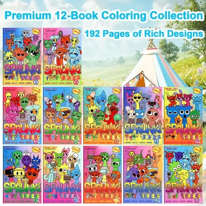 New 12-Book Coloring Book Set, Sprunki Theme, Doodle Books, Boost Creativity and Focus, Perfect Gift for New Year and Birthday, Portable Art Supplies for All Ages