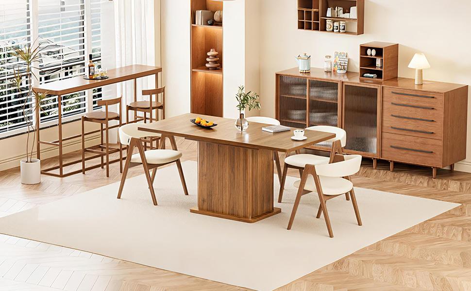Mid Century Modern Extendable Rectangular Dining Table - Extensible Size, 4-6 Seats, 47-65in Space-Saving Kitchen Furniture, Fluted Design with 2 Storage Doors, Rectangular Statement Dining Room Furniture