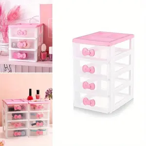 4 Layers Small Sleek Multi-Layer Transparent Plastic Organizer Box - pink bow handle, Pull-Out Drawers Desktop Storage Solution for Cosmetics & Miscellanea, Ideal Bathroom Use