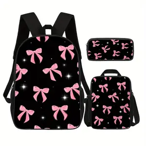 3pcs Sweet Bow Backpack Set |   17 Inch Bookbag, Functional Lunch Tote & Zipper Pencil Case, Chic Ribbon Bow Detail - Perfect for Urban Adventures, Parties & Holiday Gifts