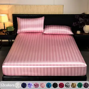 2/3PCS Silky Satin Striped Fitted Sheet Set, Soft Skin-Friendly Breathable Cooling Bedding, Dustproof Mattress Cover, Ideal for Bedroom and Dorm