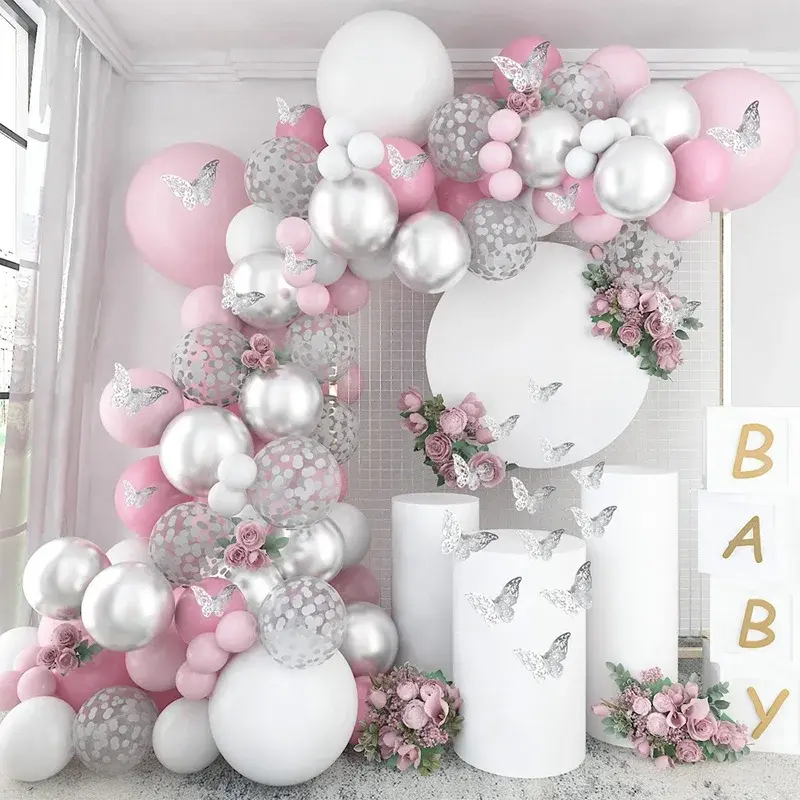 Macaron Pink-Silver Confetti Latex Balloons Garland Arch Kit (1-as shown), Balloon Party Supplies for Girls' Baby Shower & Birthday Decorations