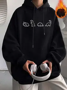 Unisex Men's Cartoon Dinosaur Print Drawstring Oversized Loose Baggy Long Sleeve French Hoodie, Casual Pocket Sweatshirt for Daily Outdoor Wear, Men Fall & Winter Clothes Pullover Tops, Cold Weather Gear, Men Gifts