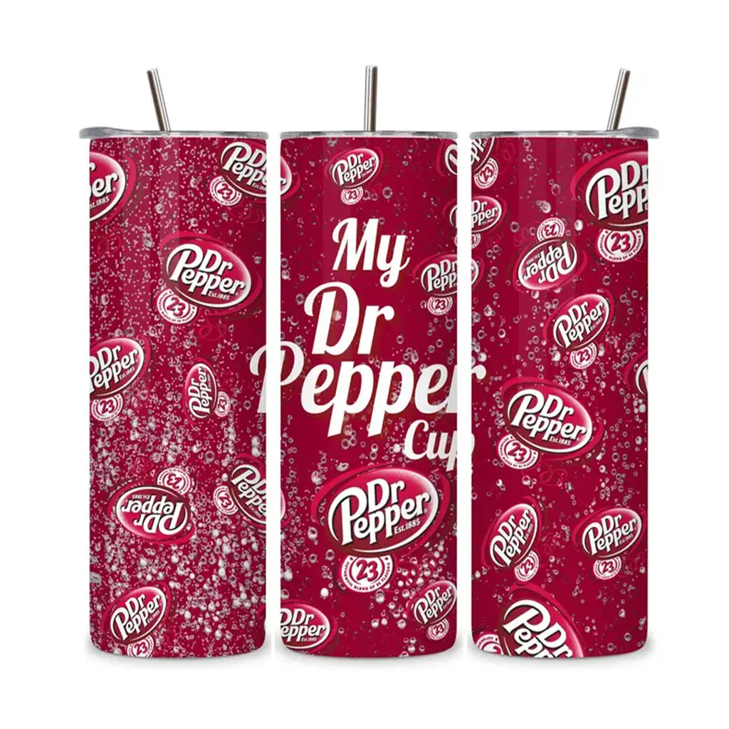 Dr Pepper Inspired 20oz & 40oz Skinny Tumbler, Fizzy Bubbles Style Stainless Steel Travel Mug, Burgundy Aesthetic Insulated Cup With Scattered Logos Design, Reusable Beverage Tumbler With Lid And Straw, Trendy "My Dr Pepper Cup" Gift For Soda Lovers