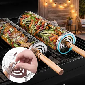 Rolling Grill Basket, Removable Wooden Handle, 304 Stainless Steel, Nesting BBQ Tools, Smoker Grilling Accessories for Vegetable, Outdoor Cooking Camping, Birthday Gifts for Men Dad Husband