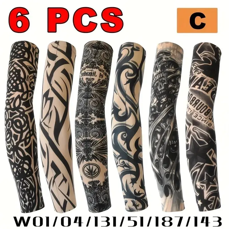 6 Pack Realistic Full Arm Tattoo Sleeves, Stretch Cooling Fabric with UV Protection for Men & Women, Party & Halloween Accessory, Gift, 6Pcs, Party Outfit, Cooling Effect