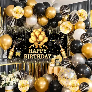 63 count Black Golden Birthday Party Balloons Set with Photo Backgrounds Backdrops Happy Birthday Sign Banner Cloth Black  Happy Bday Party Supplies Decorations for Men Women