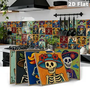 12/24 PCS Gift Box ART Mexican Day of the Dead Skeleton & Vintage Floral PE Crystal Tile Stickers Waterproof Oil-Proof Home Decor for Kitchen, Bathroom, Floor, Walls Skull Decal